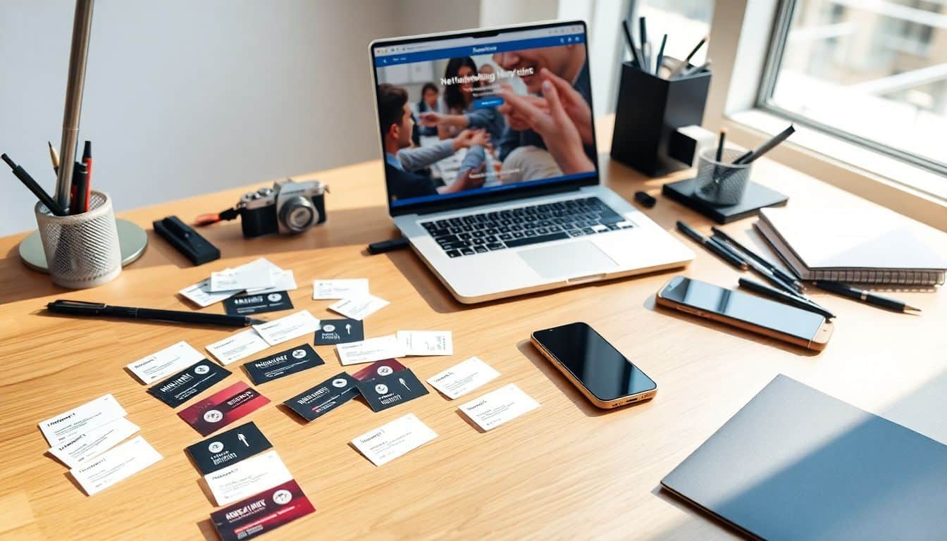 Een moderne bureau met verschillende visitekaartjes, laptop en kantoorbenodigdheden.