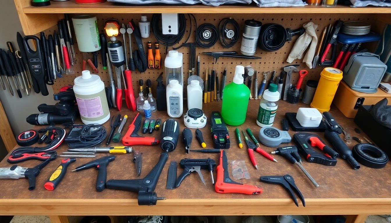 Een georganiseerde werkbank met verschillende gereedschappen en apparatuur.