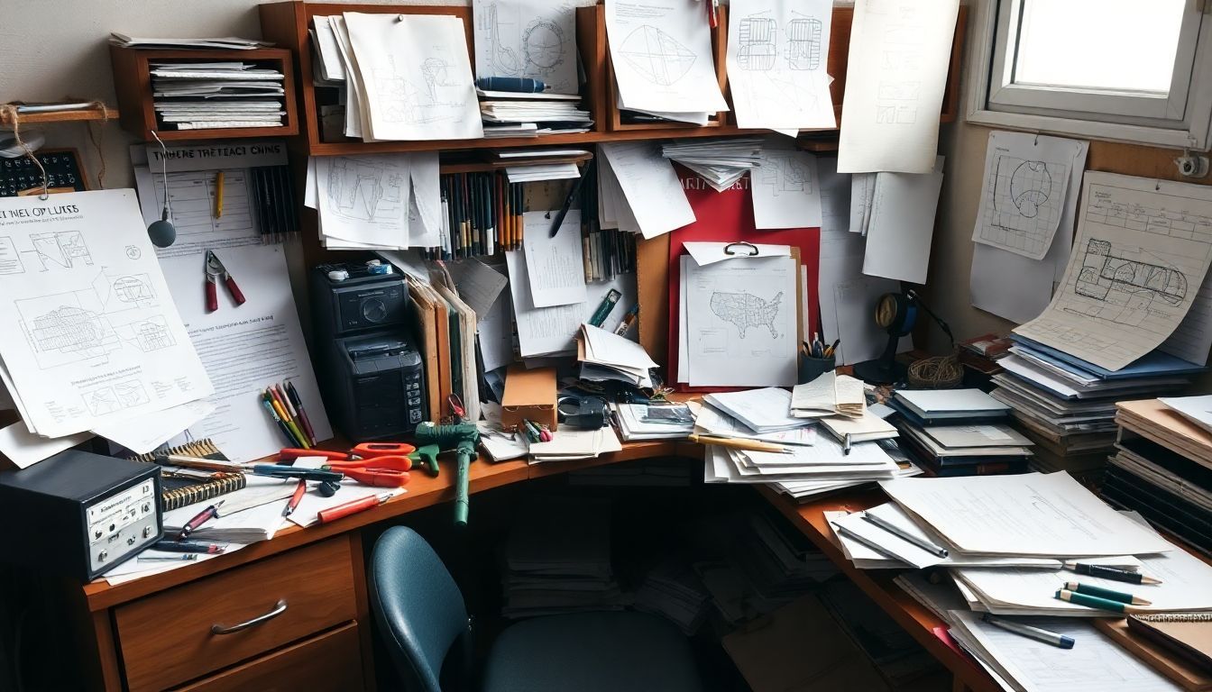 Een rommelig bureau vol met gereedschap, papieren en diagrammen.
