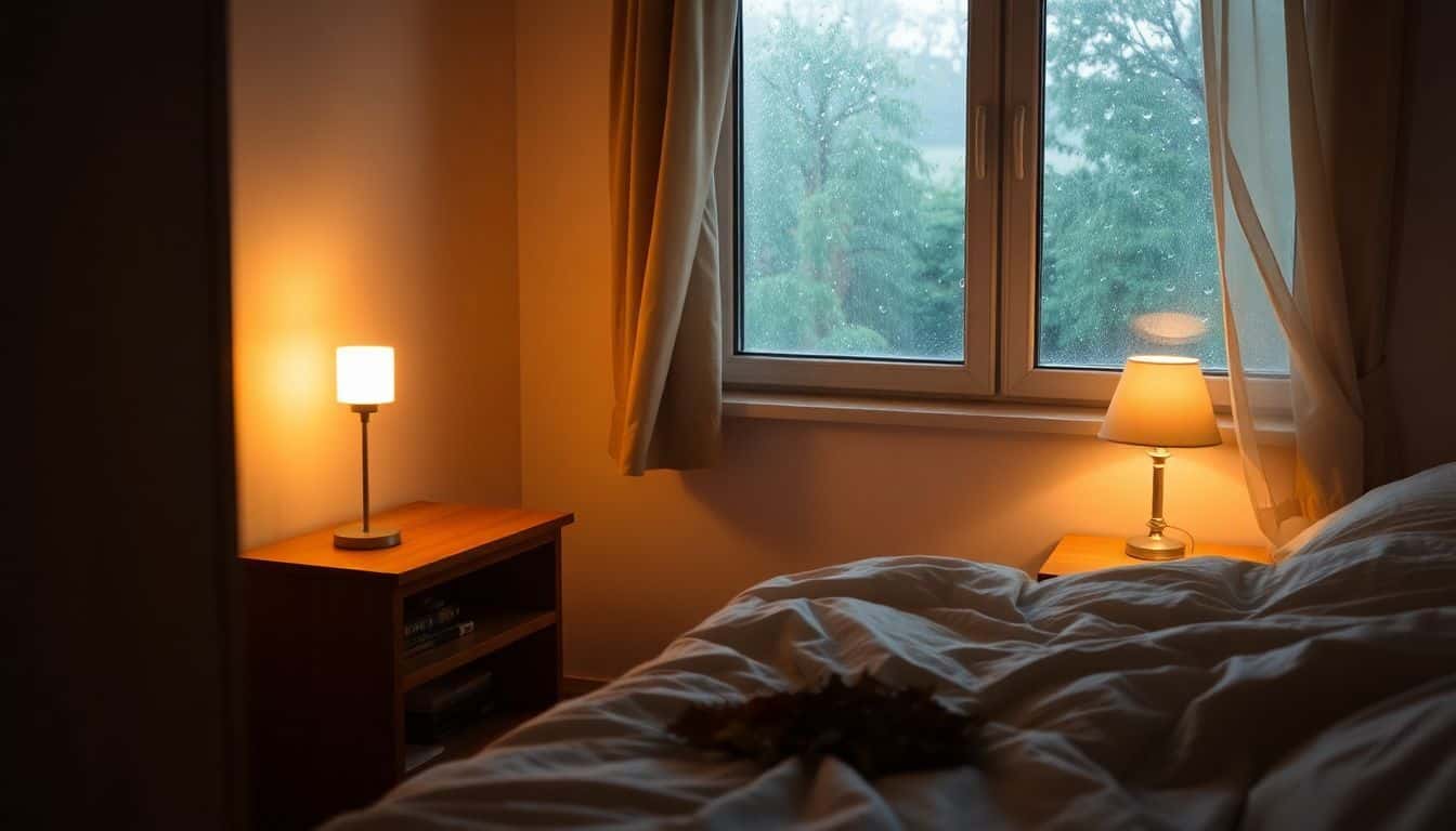 Een gezellige slaapkamer met een natuurlijke uitstraling en regengeluid op de achtergrond.