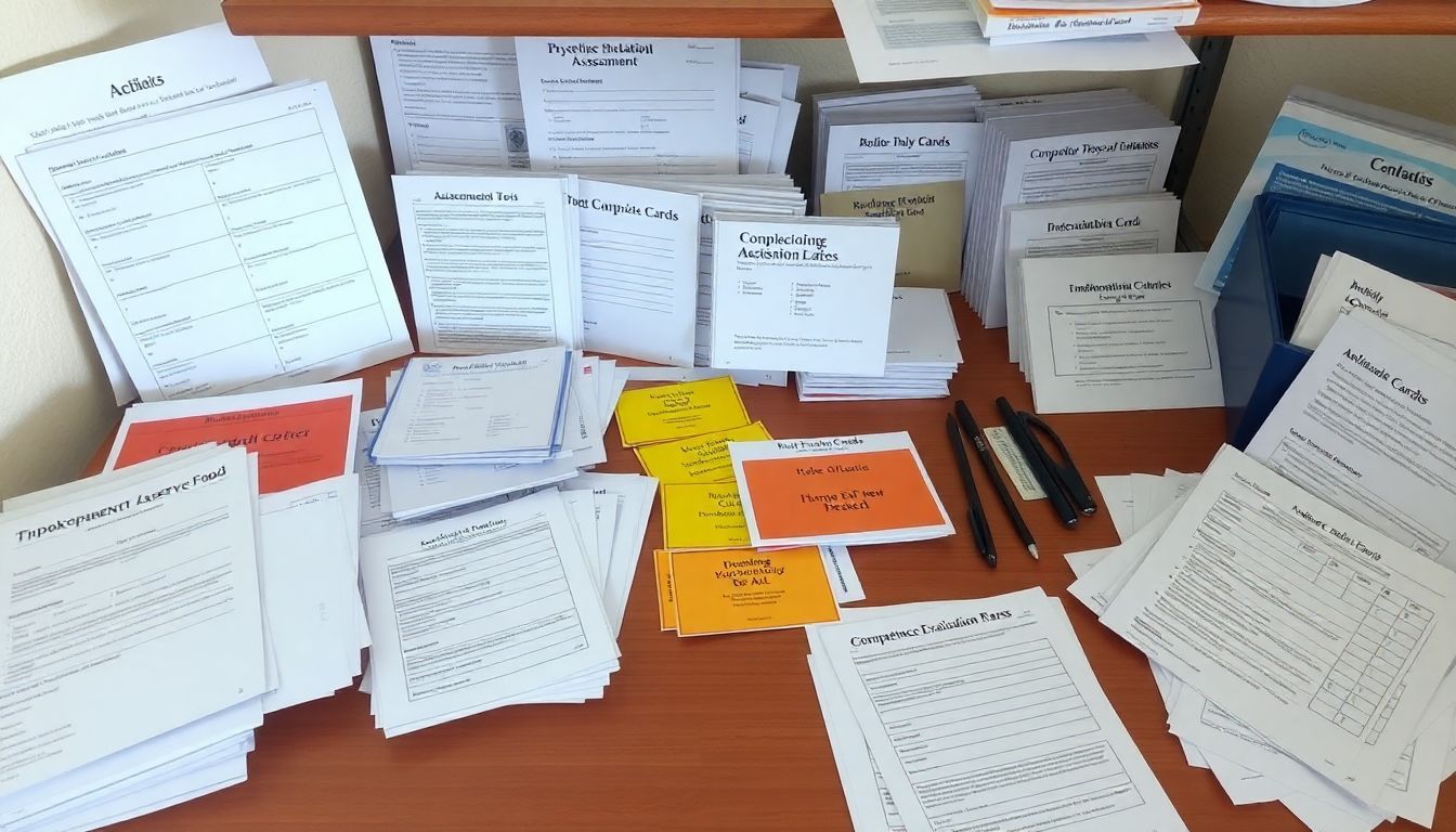 Een bureau vol beoordelingsinstrumenten voor psychologische tests.