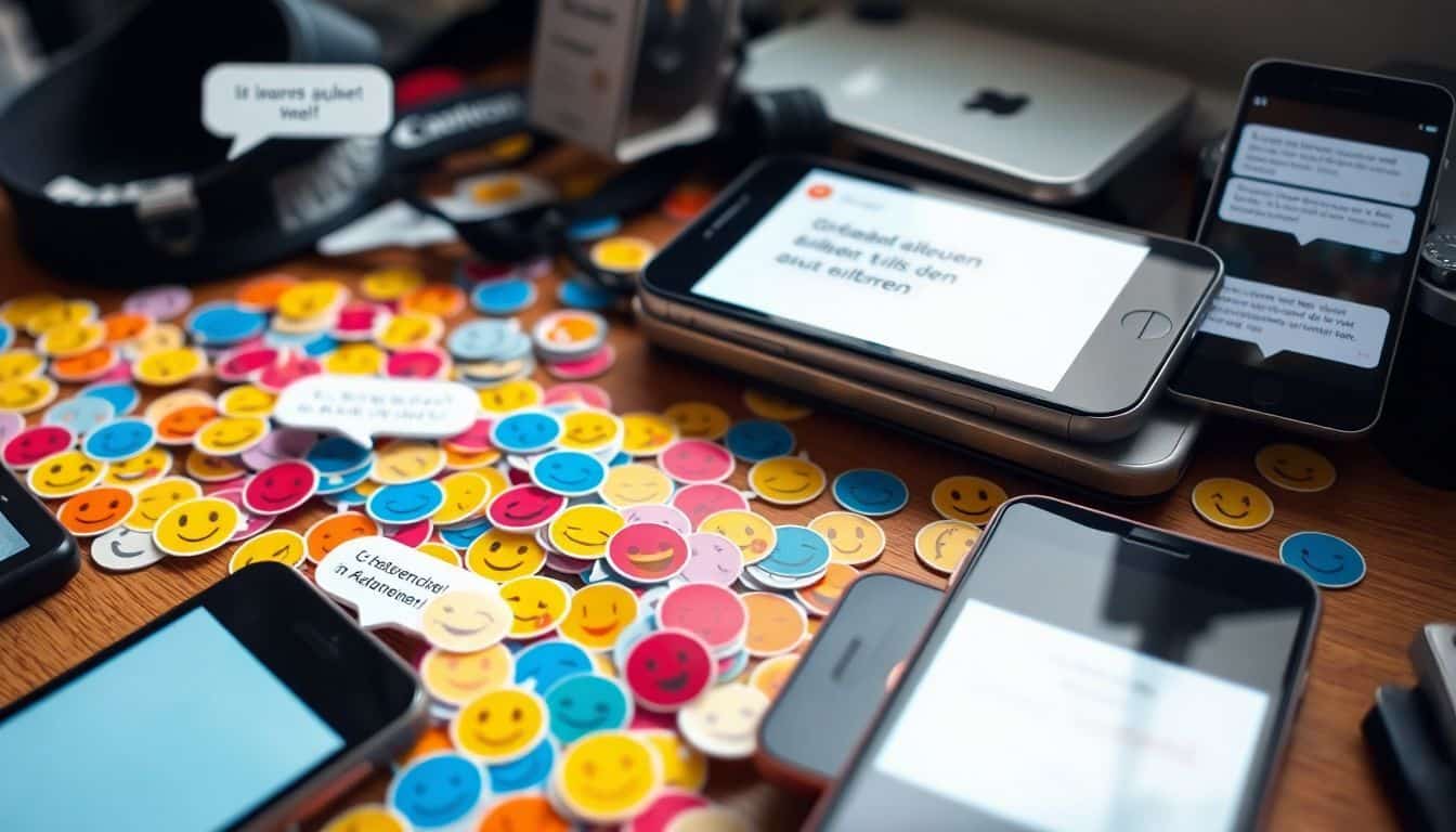 Een rommelig bureau met kleurrijke emoticon stickers en chatschermen.