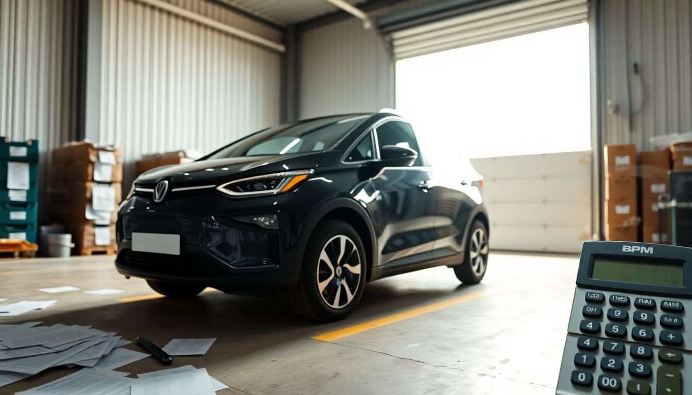 Een nieuwe elektrische auto in een douane-entrepot met papierwerk en calculator.