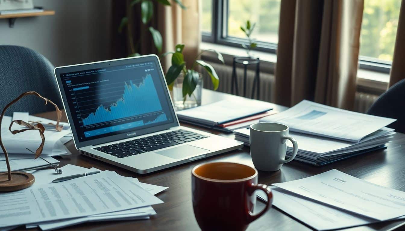 Een rommelig bureau van een CEO met open laptop en financiële grafieken.