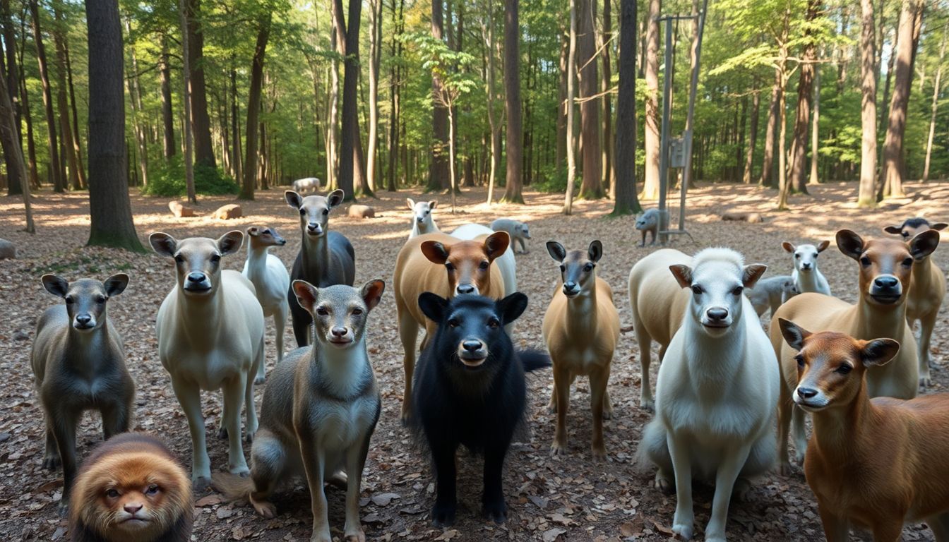 Een rustige bosopen plek met dieren die harmonie uitstralen.
