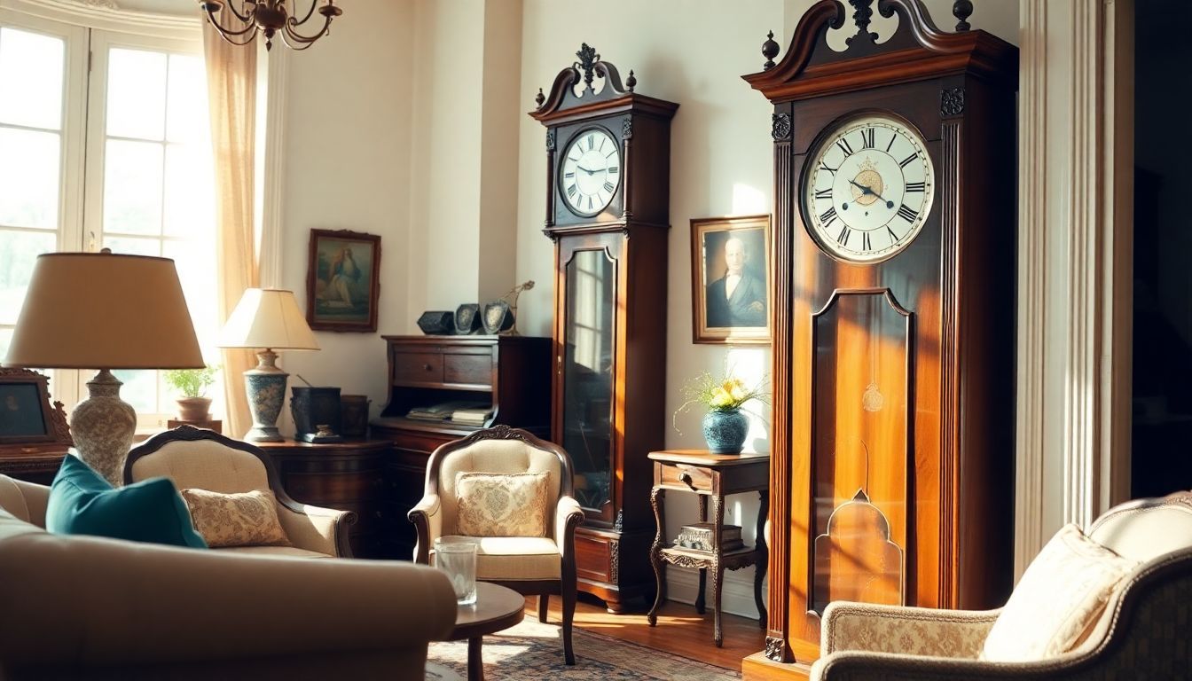 Een klassieke grootvaderklok staat trots in een nostalgische woonkamer.
