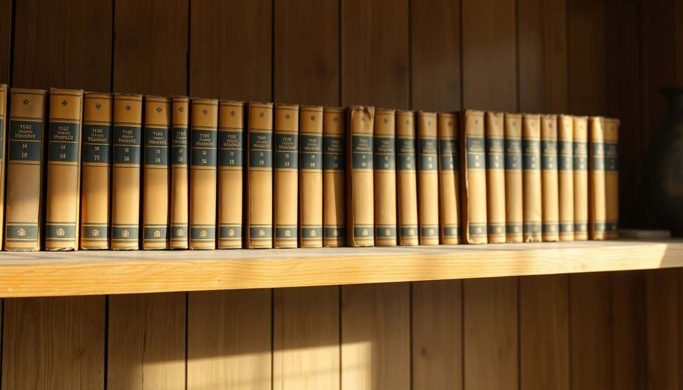 Een rij identieke boeken netjes geplaatst op een stoffige houten plank.