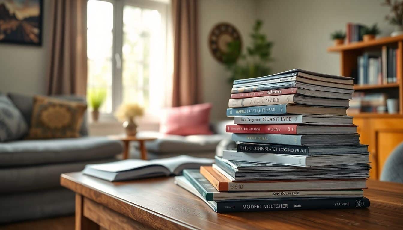 Een stapel boeken en tijdschriften over content creatie en storytelling.