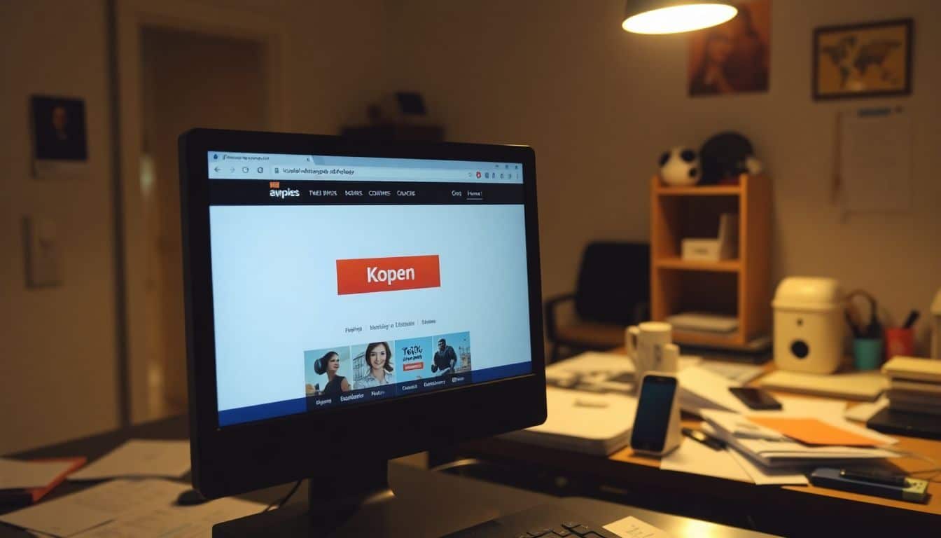 Een drukke werkplek met een computer scherm met een 'Kopen' knop.