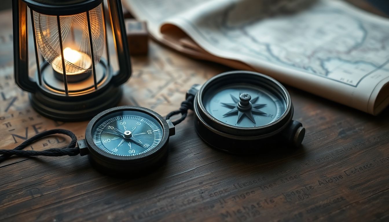 Een vintage kompas, oude kaarten en een lantaarn op een houten tafel. Een vintage kompas, oude kaarten en een lantaarn op een houten tafel.