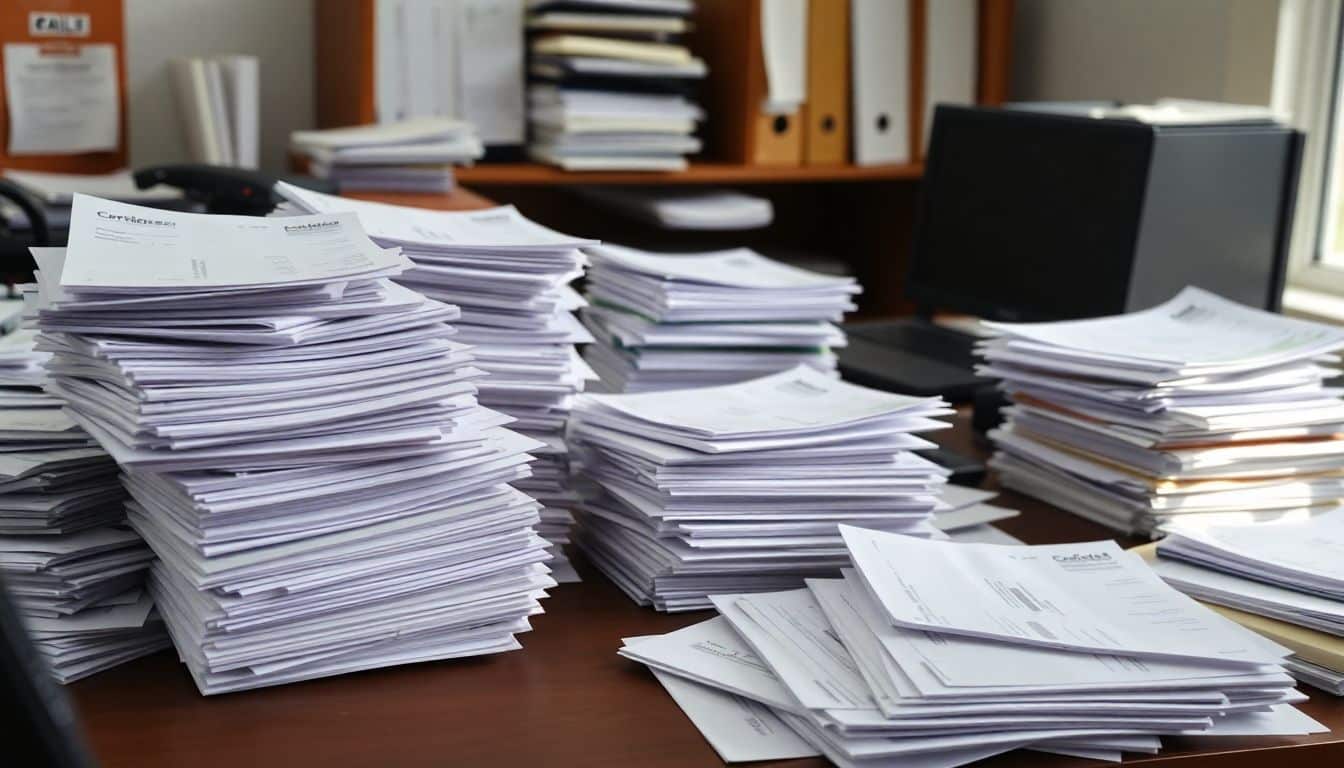 Een rommelig kantoorbureau met onbetaalde rekeningen en facturen.