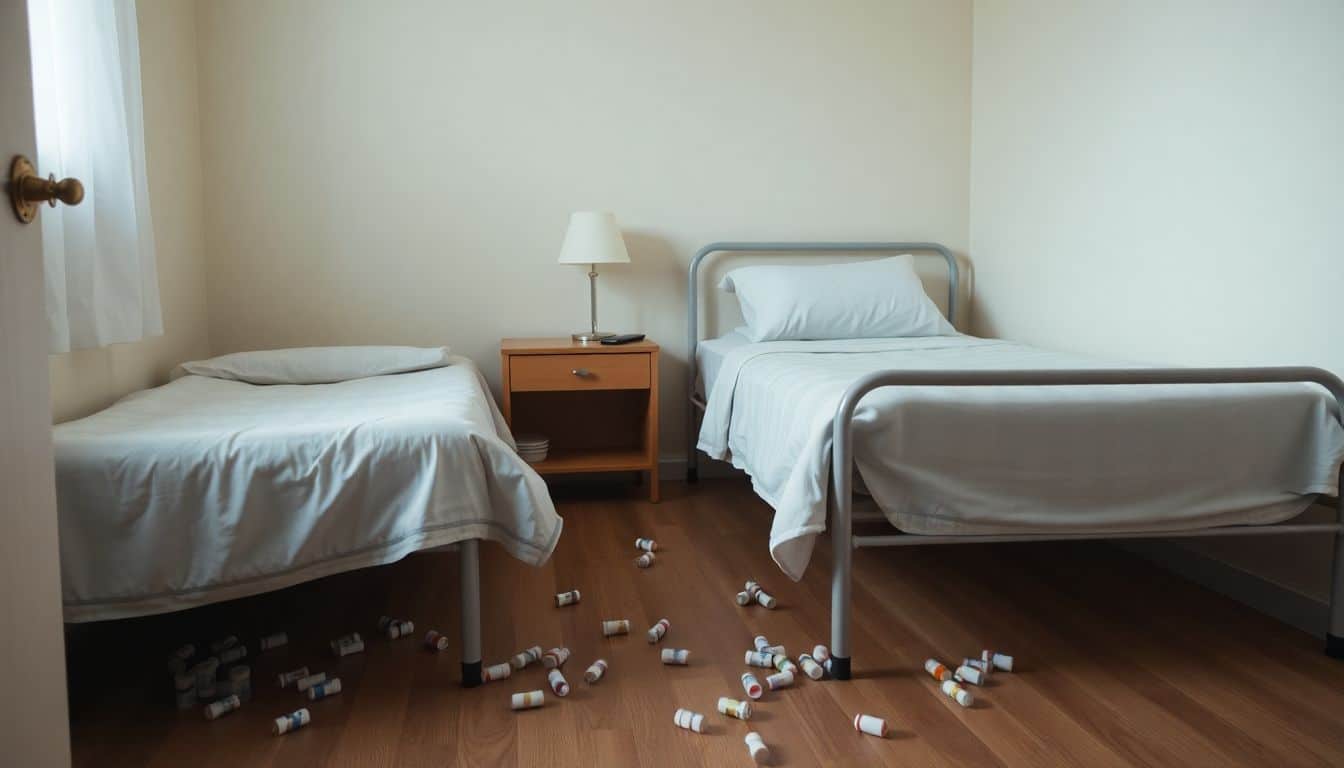 Een slaapkamer met medicijnflessen op de vloer, zonder mensen.