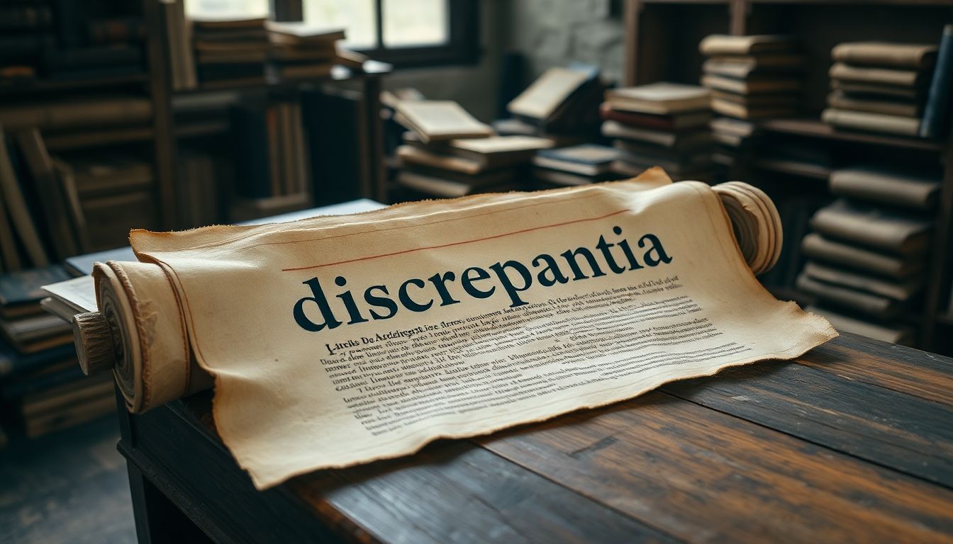 Een oude Latijnse rol met het woord 'discrepantia' erop, ligt op een houten bureau tussen oude boeken en perkamentrollen.