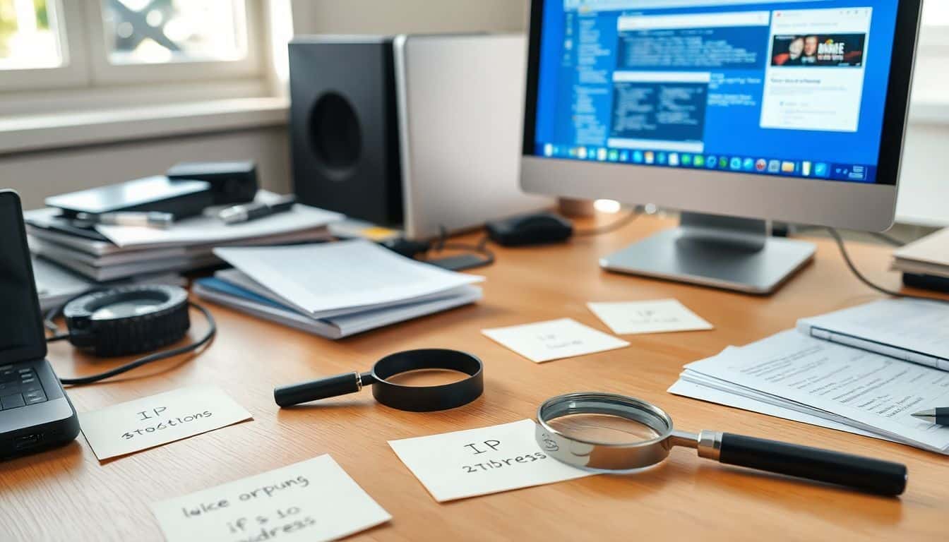 Een rommelig bureau met aantekeningen en een computer.