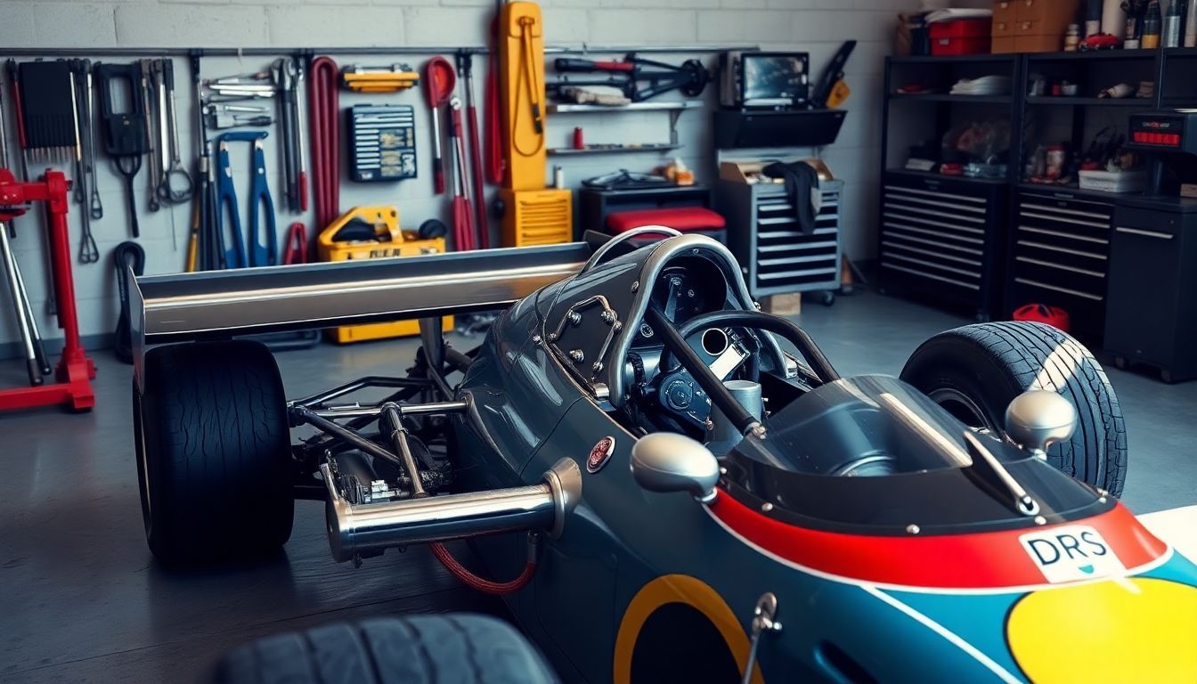 Een vintage Formule 1-auto geparkeerd in een goed verlichte garage.