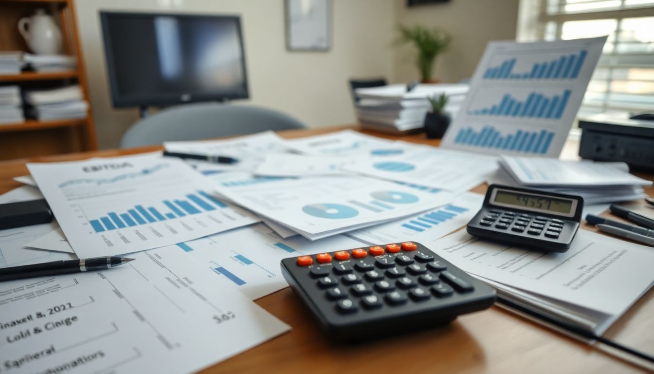 Een bureau met financiële rapporten, grafieken en een rekenmachine.