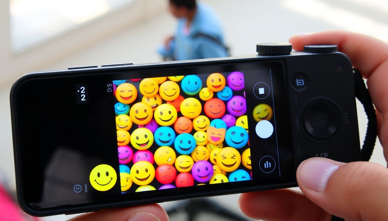 Een smartphone scherm met vrolijke emoticons en smileys.