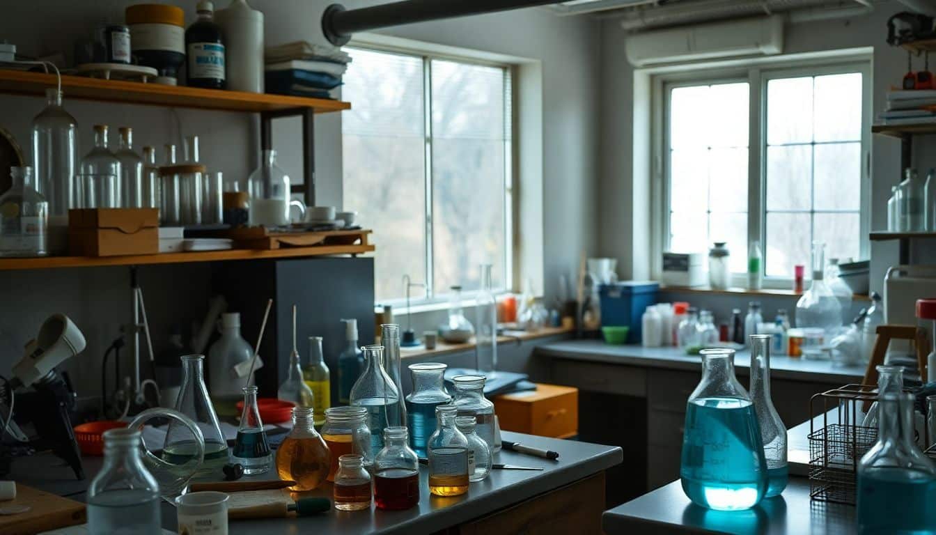 Een rommelig laboratorium met bekers, reageerbuizen en wetenschappelijke apparatuur.