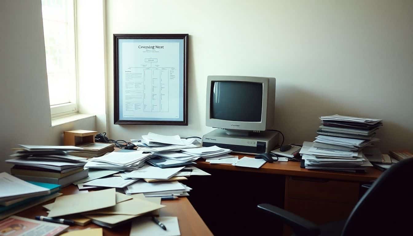 Een rommelig kantoor met een oude computer en verspreide papieren.