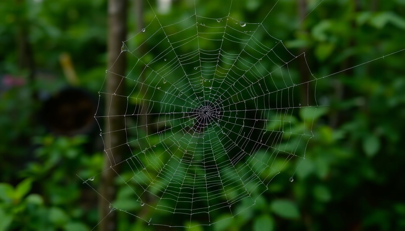 Een close-up foto van een spinnenweb met dauwdruppels in een bos.