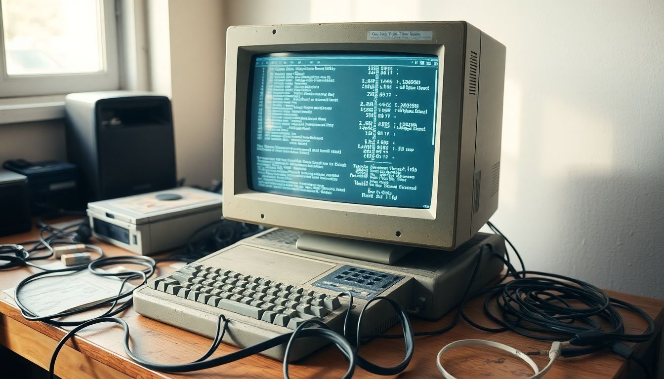 Een oude, stoffige computer op een rommelig bureau met kabels.