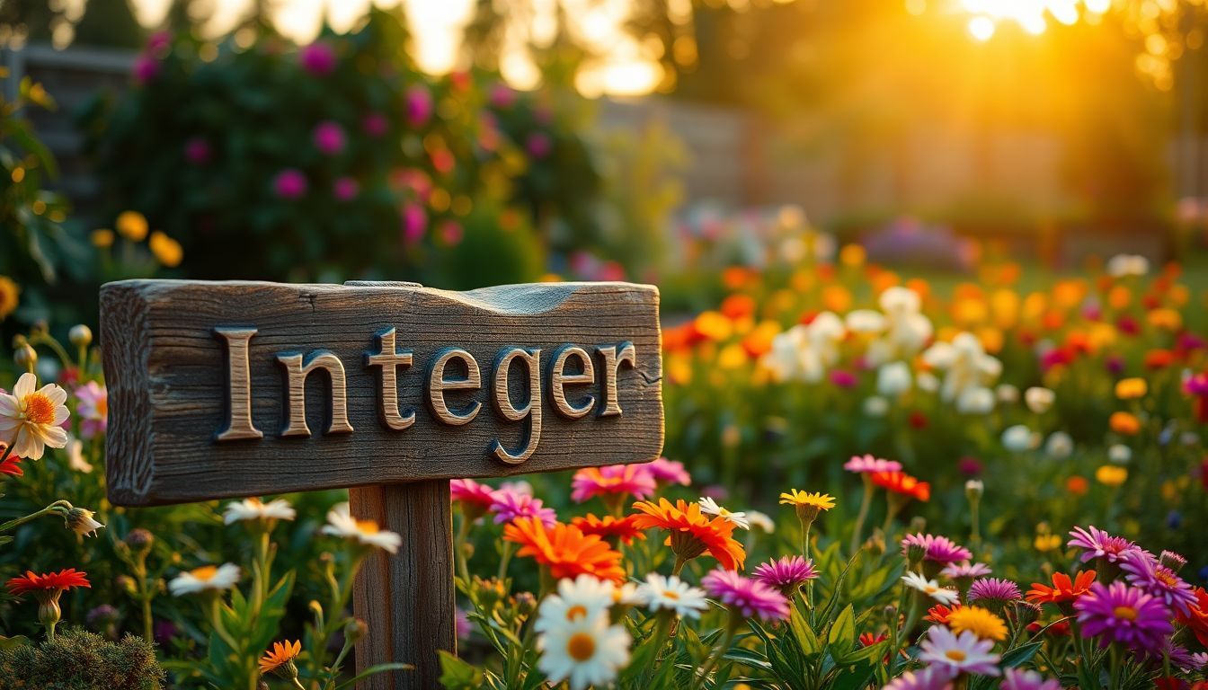 Een oude houten bord met het woord 'Integer' in een kleurrijke tuin.