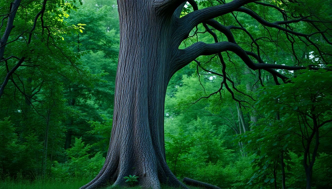 Een weerbestendige eikenboom staat prominent in een weelderig groen bos.