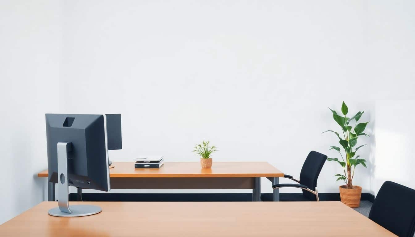 Een lege kantoorwerkplek met computer, dossiers en plant.
