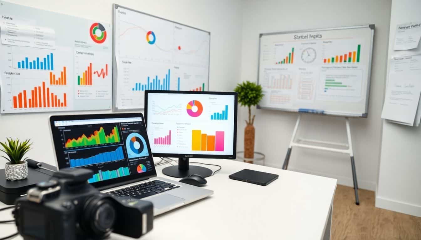 Een kantoorwerkplek met grafieken, een laptop en een whiteboard.
