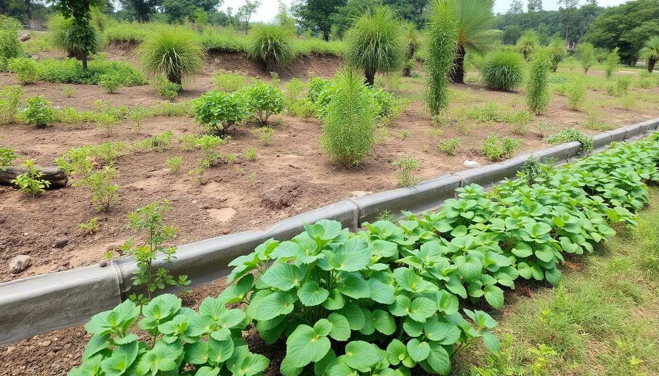 Een vredig landschap met planten, barrières en waterbeheerssystemen.