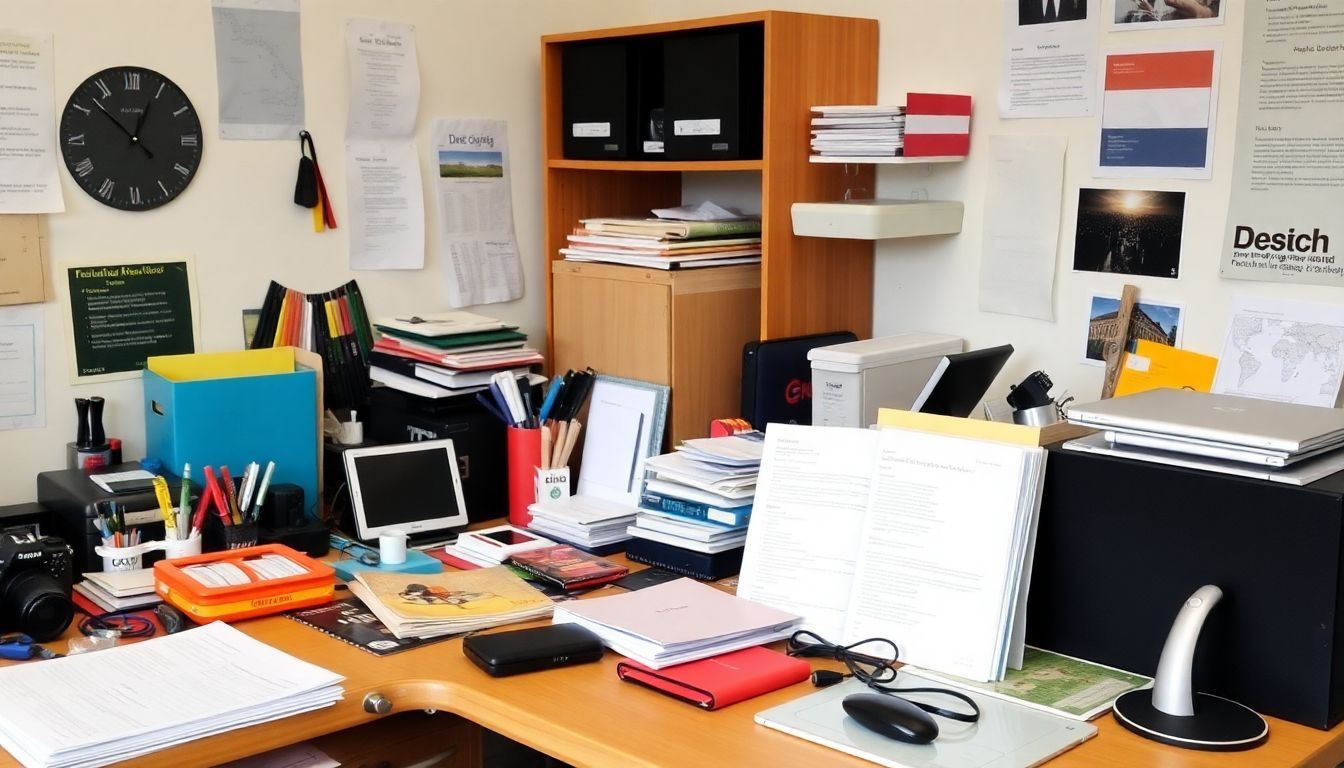 Een rommelig bureau met Nederlandse taalgerelateerde kantoorbenodigdheden.