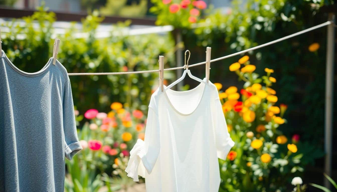 Genderneutrale kleding hangt aan een waslijn in een gemeenschapstuin.