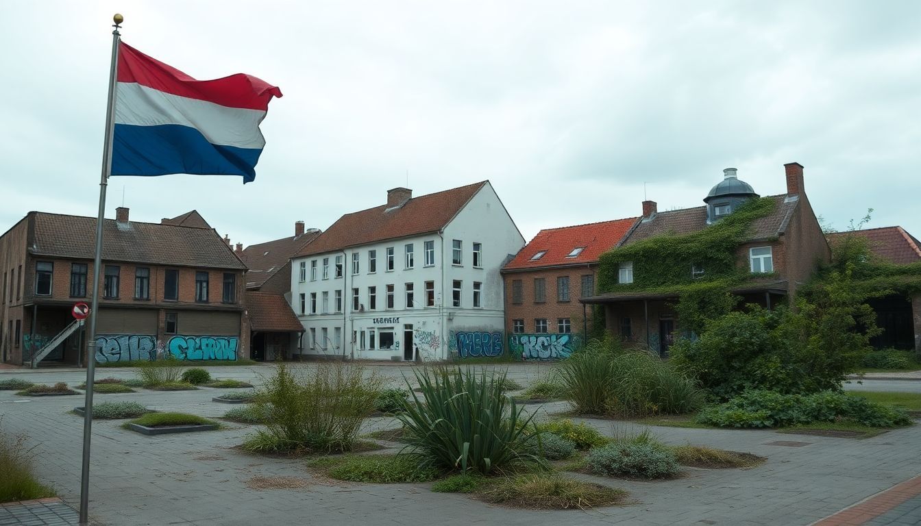 Een verlaten stadplein met verwaarloosde gebouwen en een gescheurde Nederlandse vlag.
