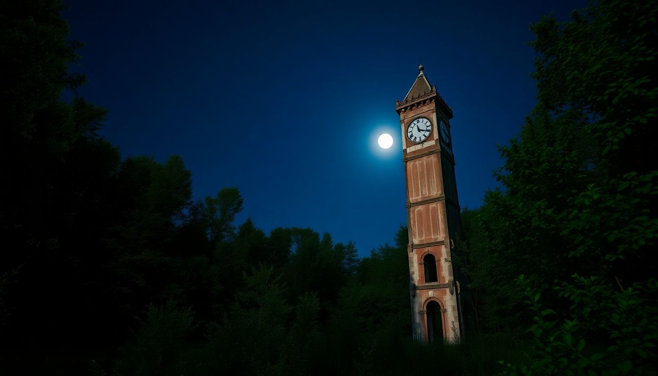 Een verlaten klokkentoren staat in een groen bos onder de volle maan.