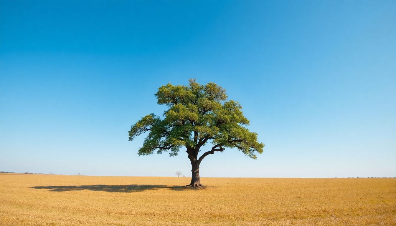 Een solitaire eikenboom in een zonovergoten veld, symboliseert groei en kracht.