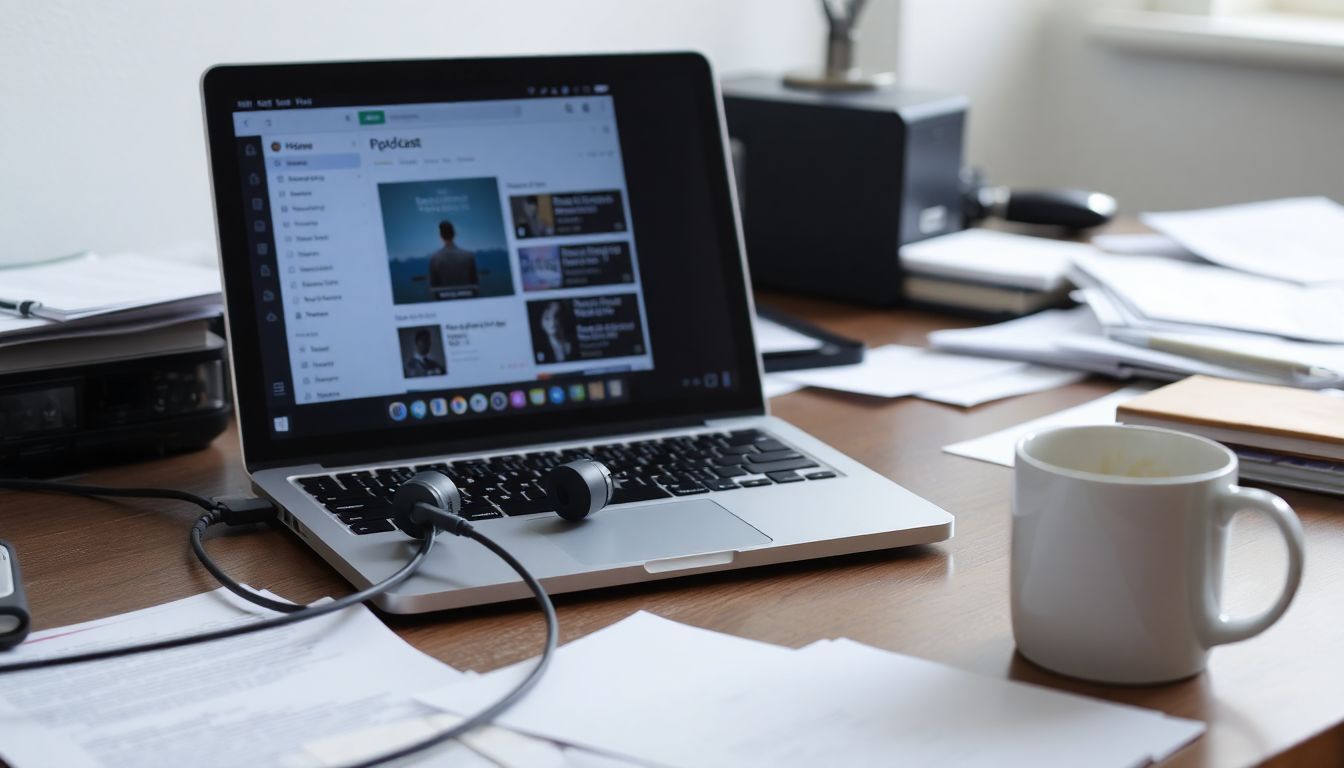 Een open laptop met een podcast app en rommelig bureau.