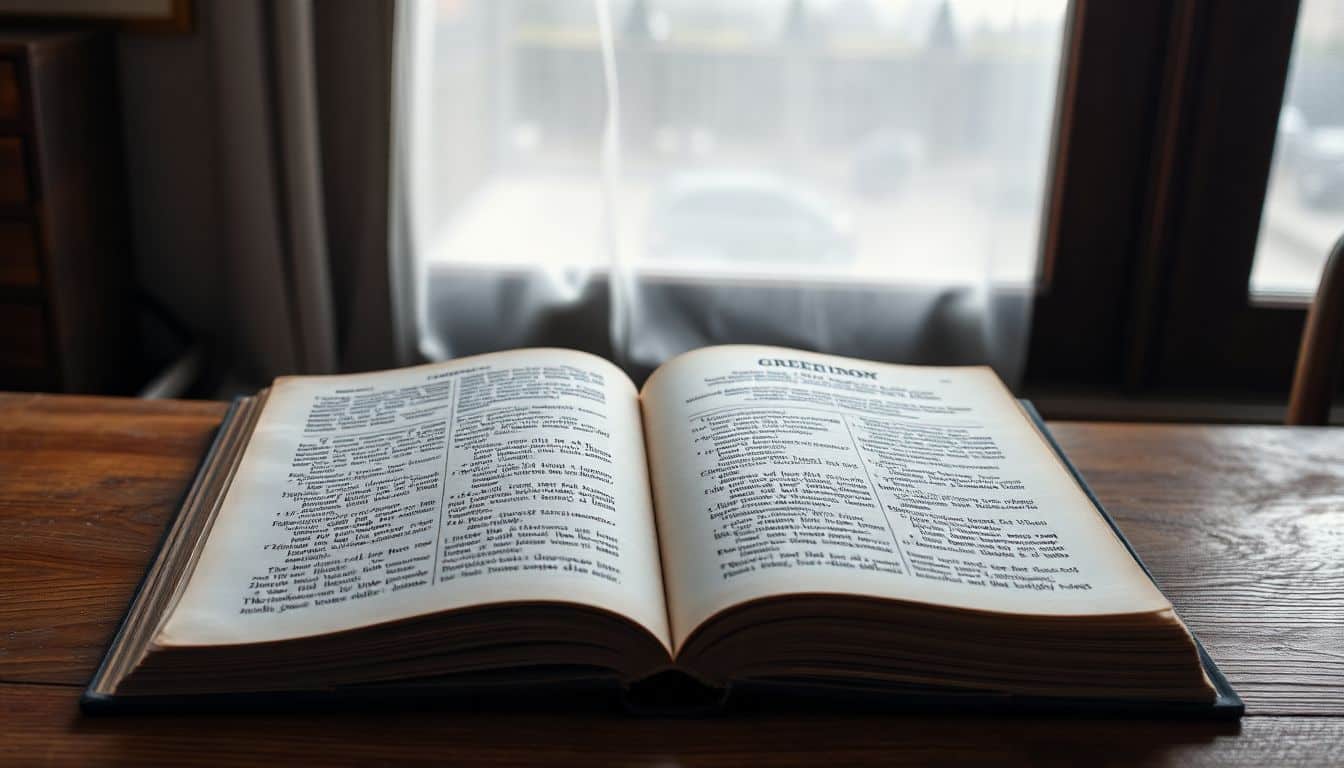 Een oude Griekse woordenboek op een houten bureau.