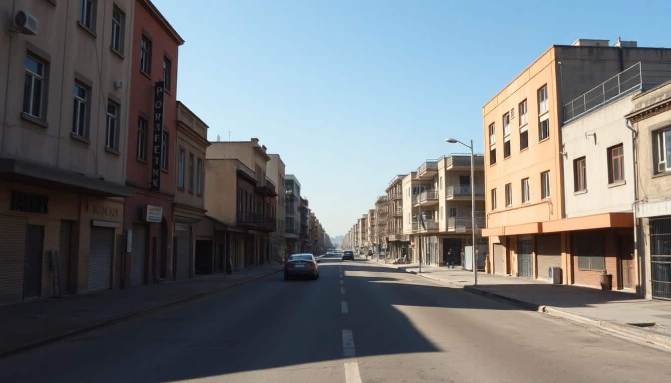 Een verlaten stadsstraat door een ziekte-uitbraak.