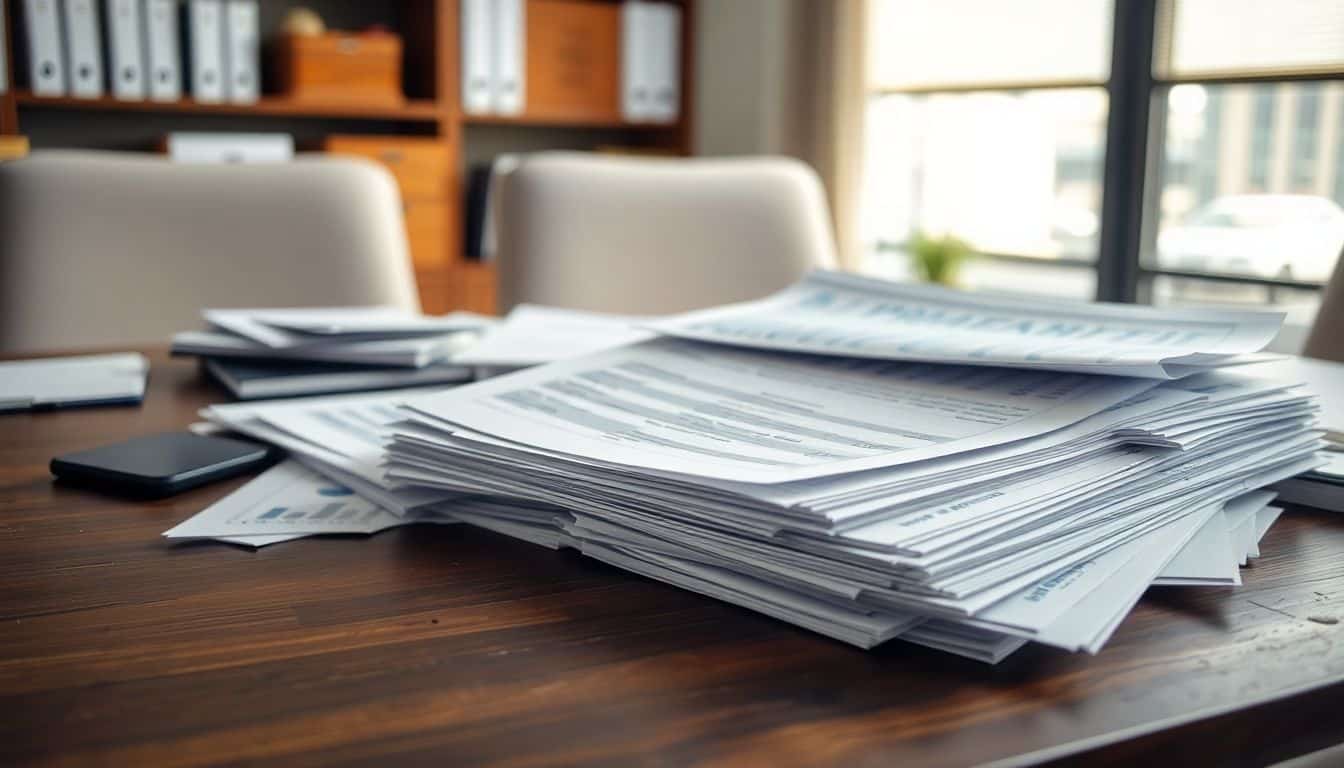 Een stapel vertrouwelijke zakelijke documenten en financiële rapporten op een versleten bureau.