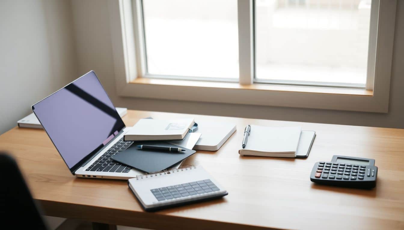 Een opgeruimd bureau met laptop, notitieboekjes en rekenmachine.