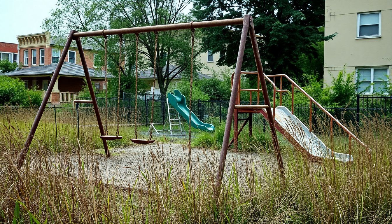 Een verwaarloosde speelplaats in een achterstandswijk, met roestige schommels en kapotte glijbanen.