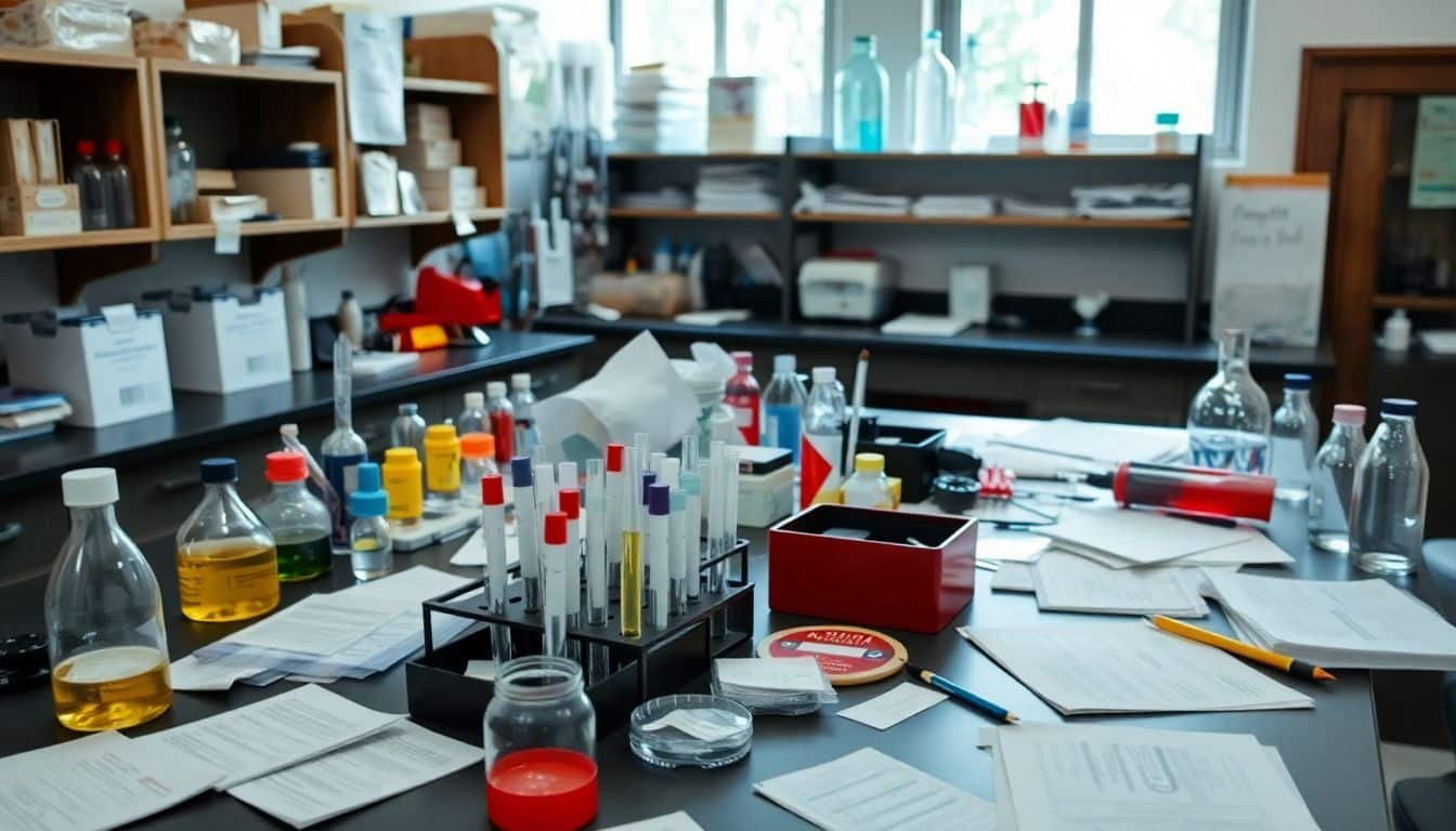 Een rommelig laboratoriumtafel met testbuizen en wetenschappelijke apparatuur.