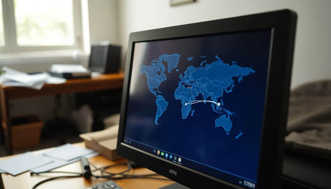 Een computer toont een digitale kaart van een VPN-verbinding op een rommelig bureau.